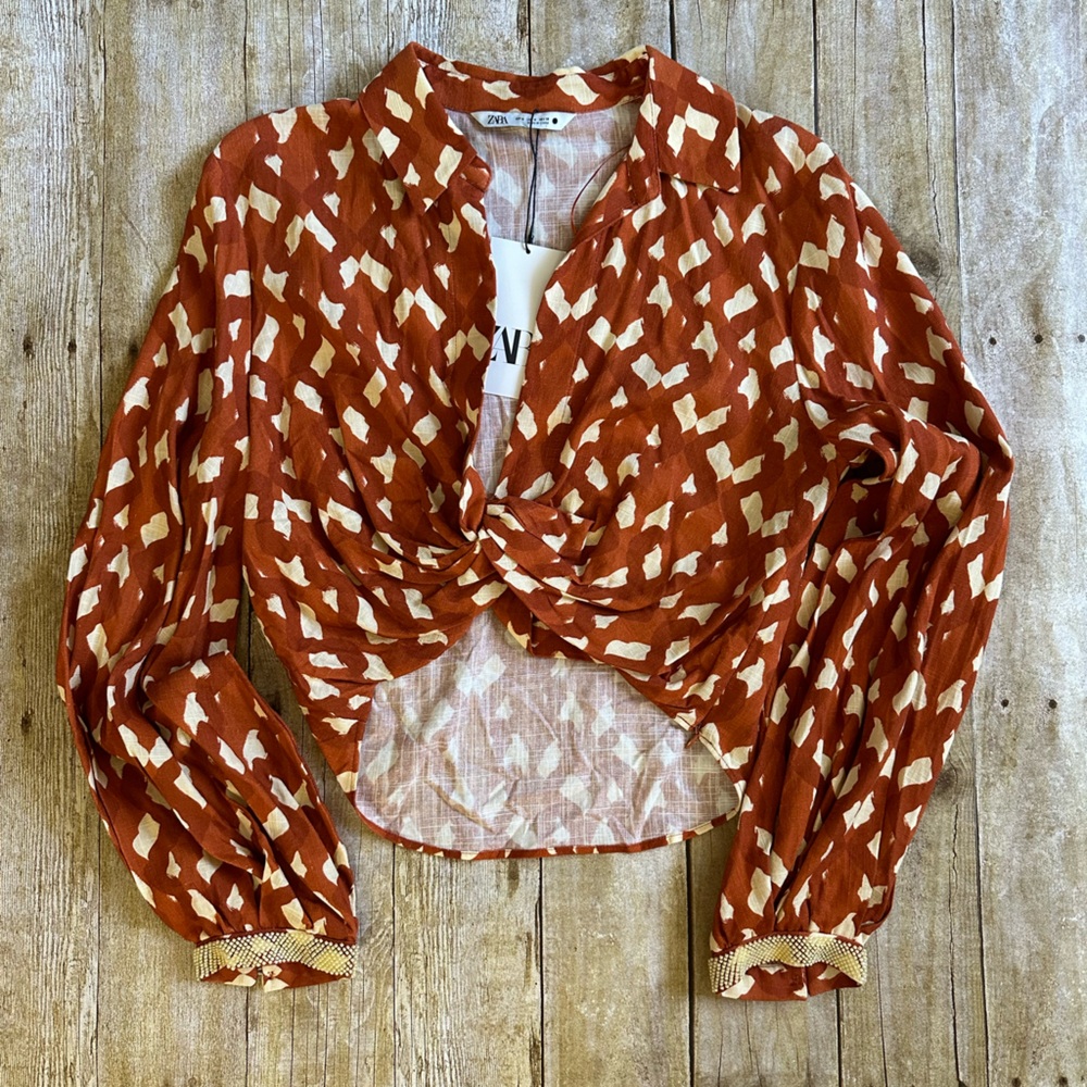 ZARA Linen Blend Geometric Print Boho Long Sleeve Crop Top Terracotta Sz M NWT
